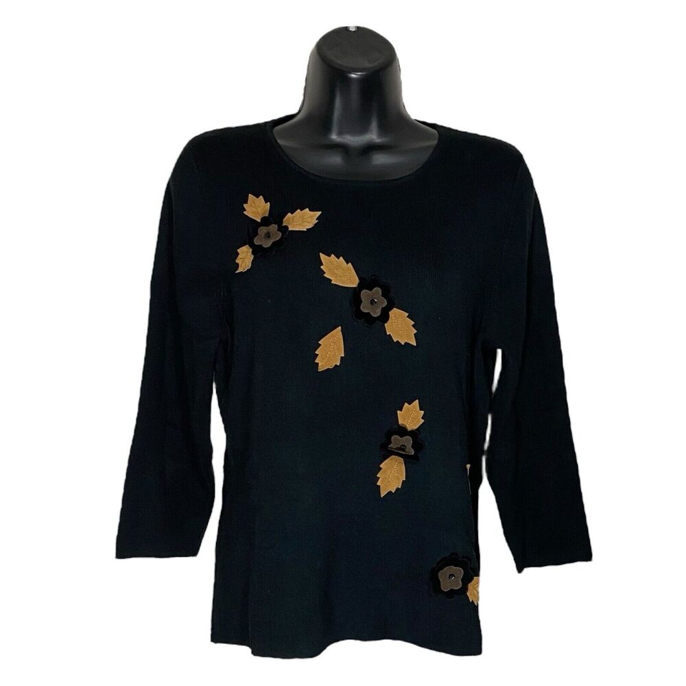 Vtg Sweater Women M Black Silk Fall Leaves Witchy Novelty Applique Bonnie & Bill
